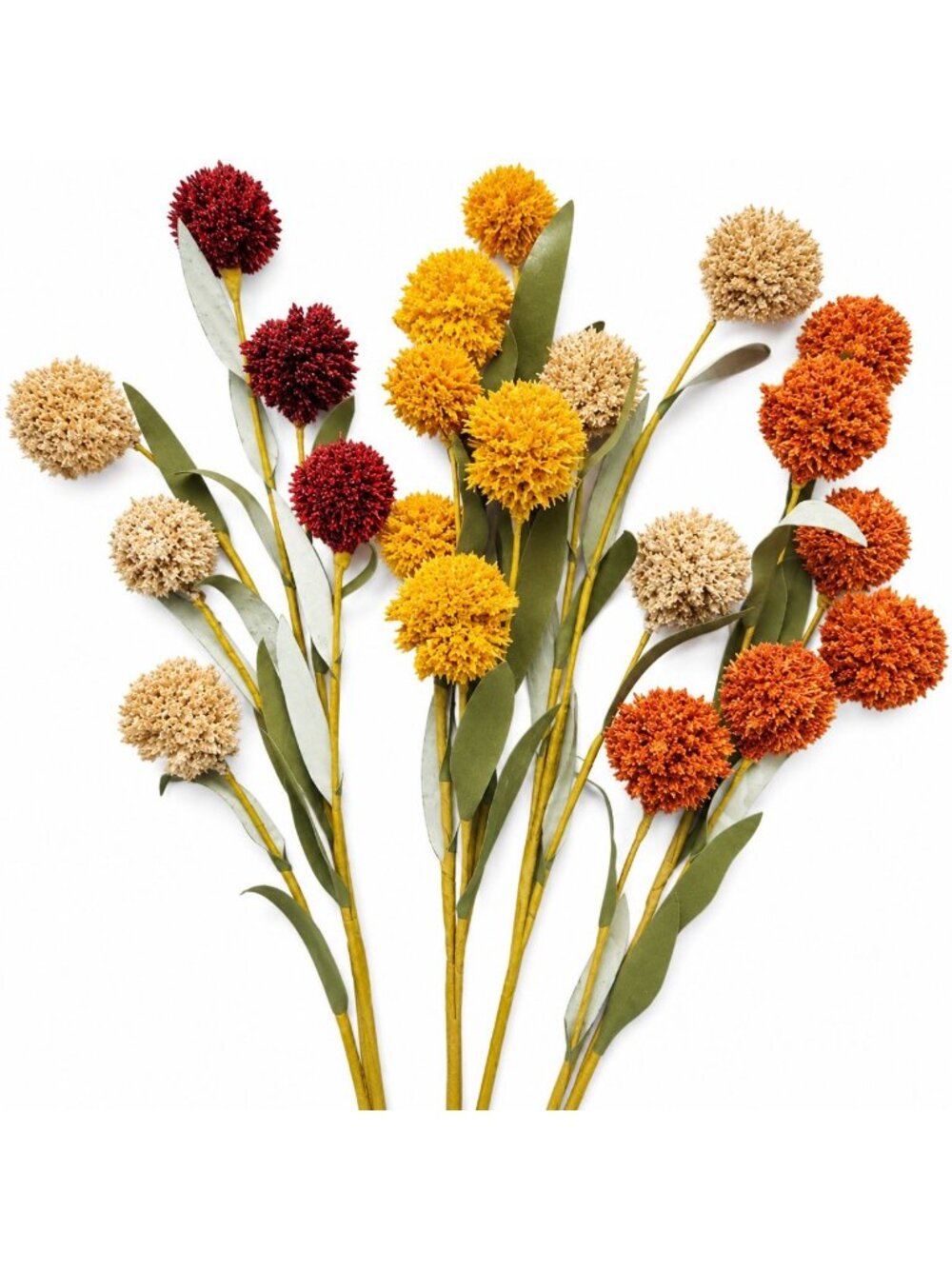 Artificial Pompom Flower Stems Set of 5, 17 Inch Faux Fall Florals, Burgundy Gol